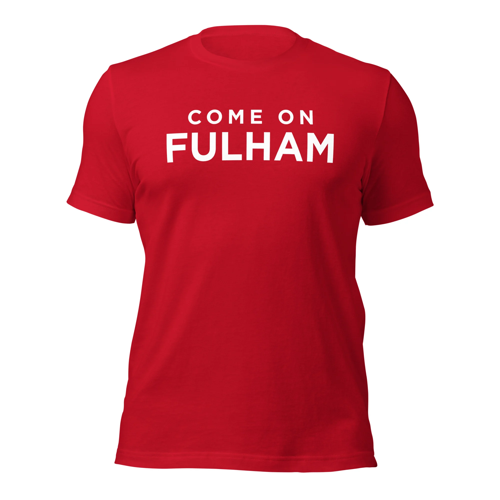 Super Fulham Tee red unisex t-shirt front view – Fulham FC supporter merch by The Riverside Co.
