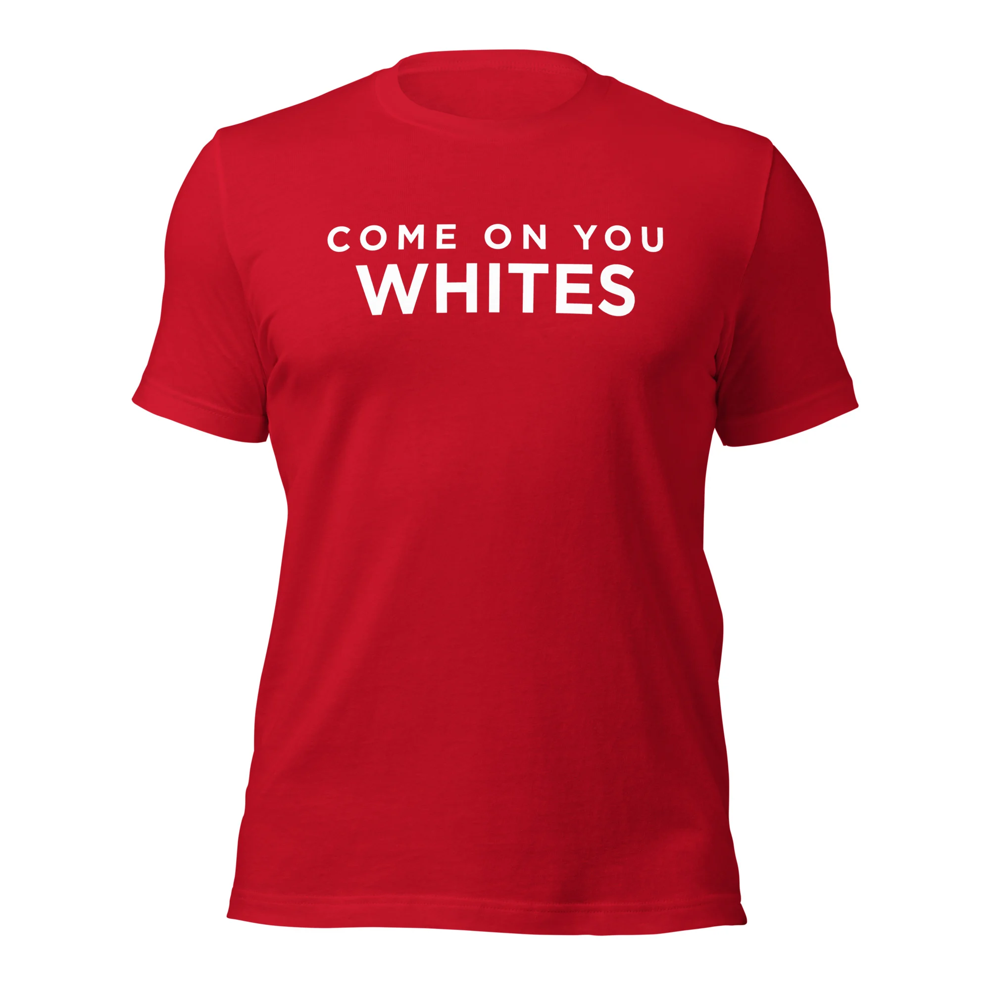 Come On You Whites Tee red unisex t-shirt front view – Fulham FC supporter merch by The Riverside Co.