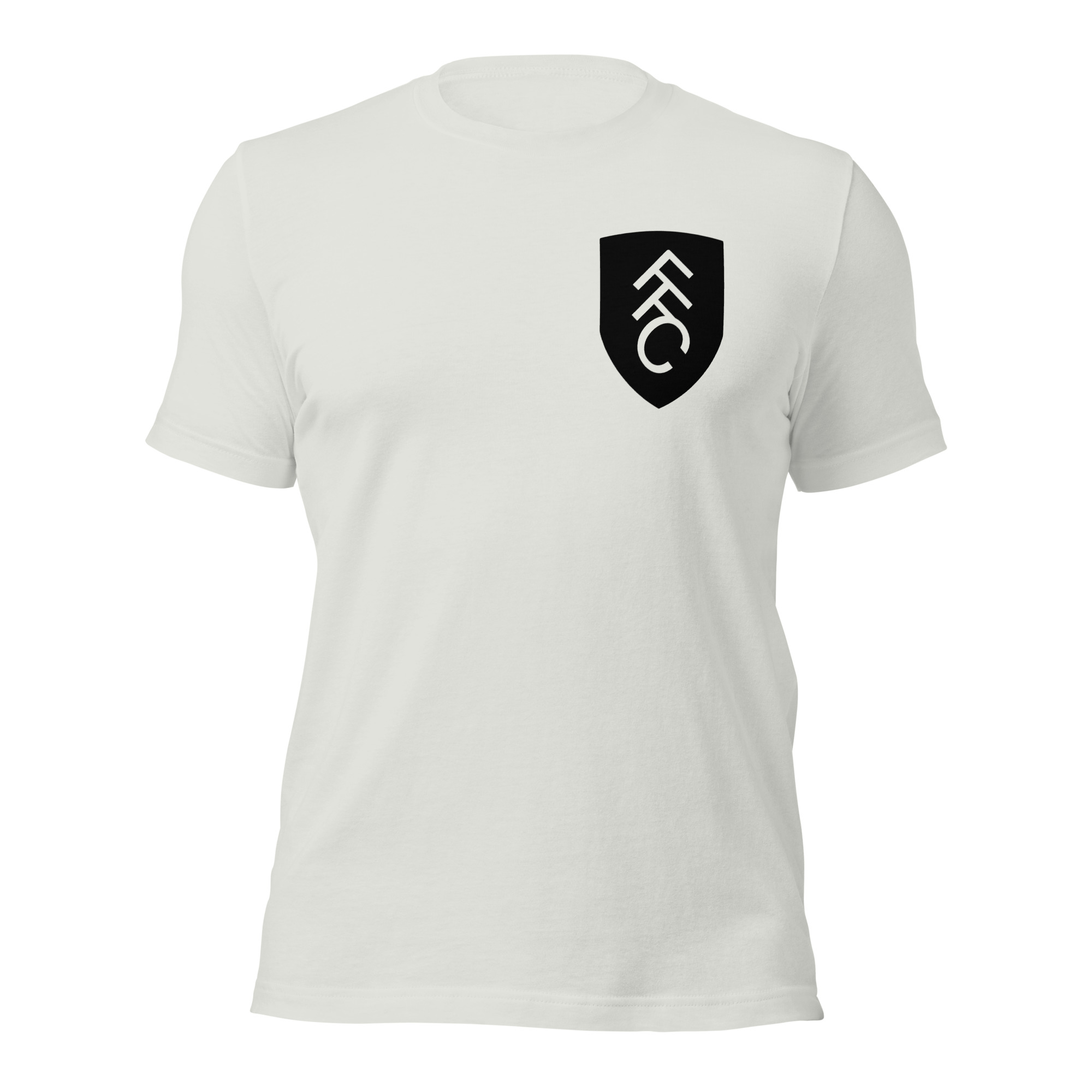 FFC Badge Tee silver unisex t-shirt front view – Fulham FC badge supporter merch by The Riverside Co.