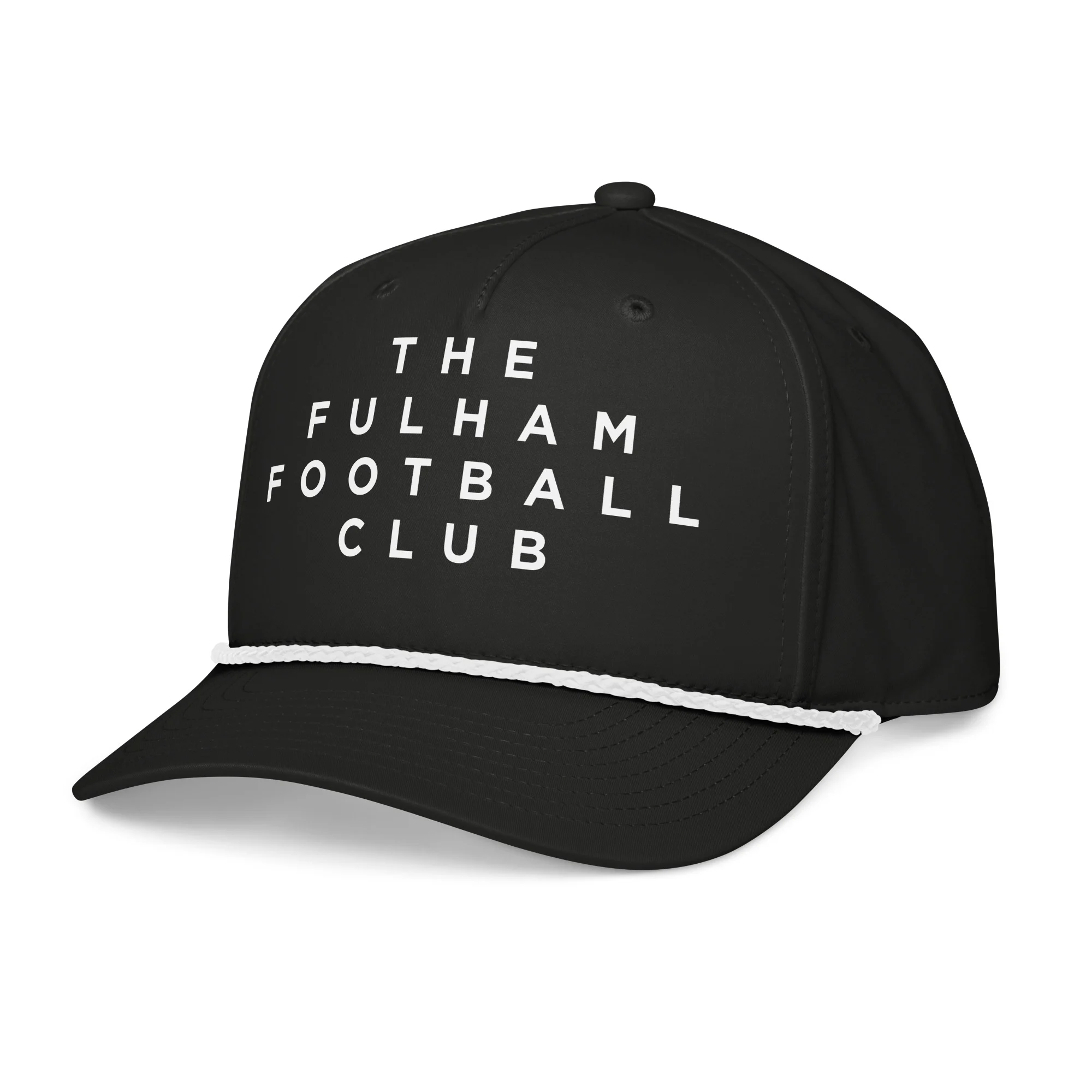 The Fulham Football Club Cap, black Richardson rope cap with white rope, left side view. Fulham FC supporter cap by The Riverside Co.