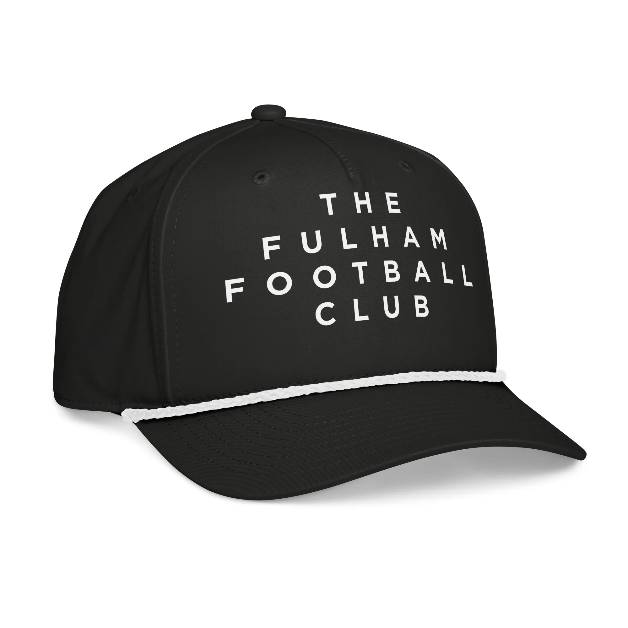 The Fulham Football Club Cap, black Richardson rope cap with white rope, right side view. Fulham FC supporter cap by The Riverside Co.