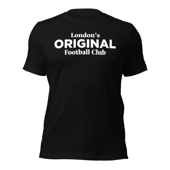 The London's Original Football Club Tee in black, front view. Fulham FC supporter t-shirt by The Riverside Co.