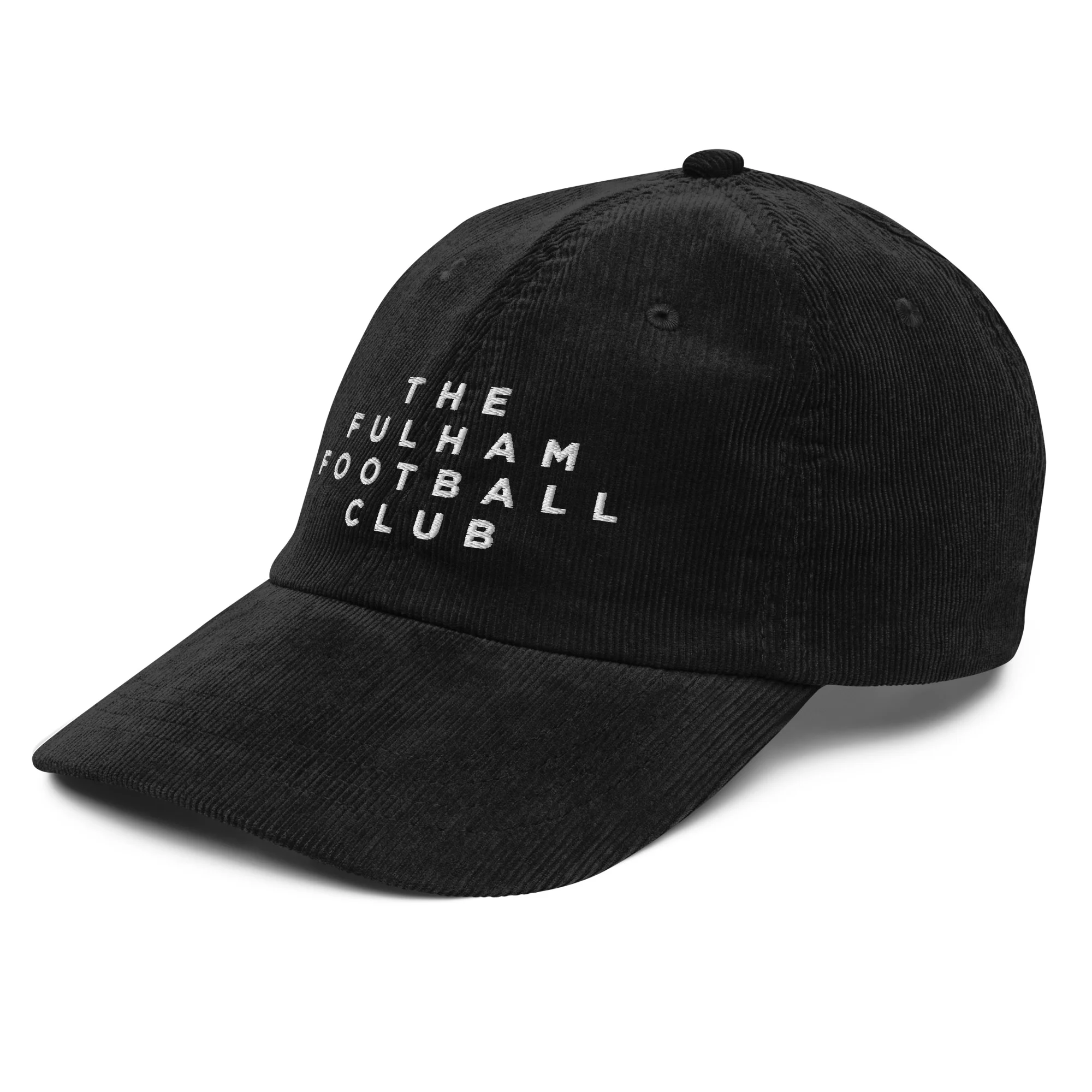 The Fulham Football Club Corduroy Cap, black corduroy dad cap with white embroidery, left side view. Fulham FC supporter cap by The Riverside Co.