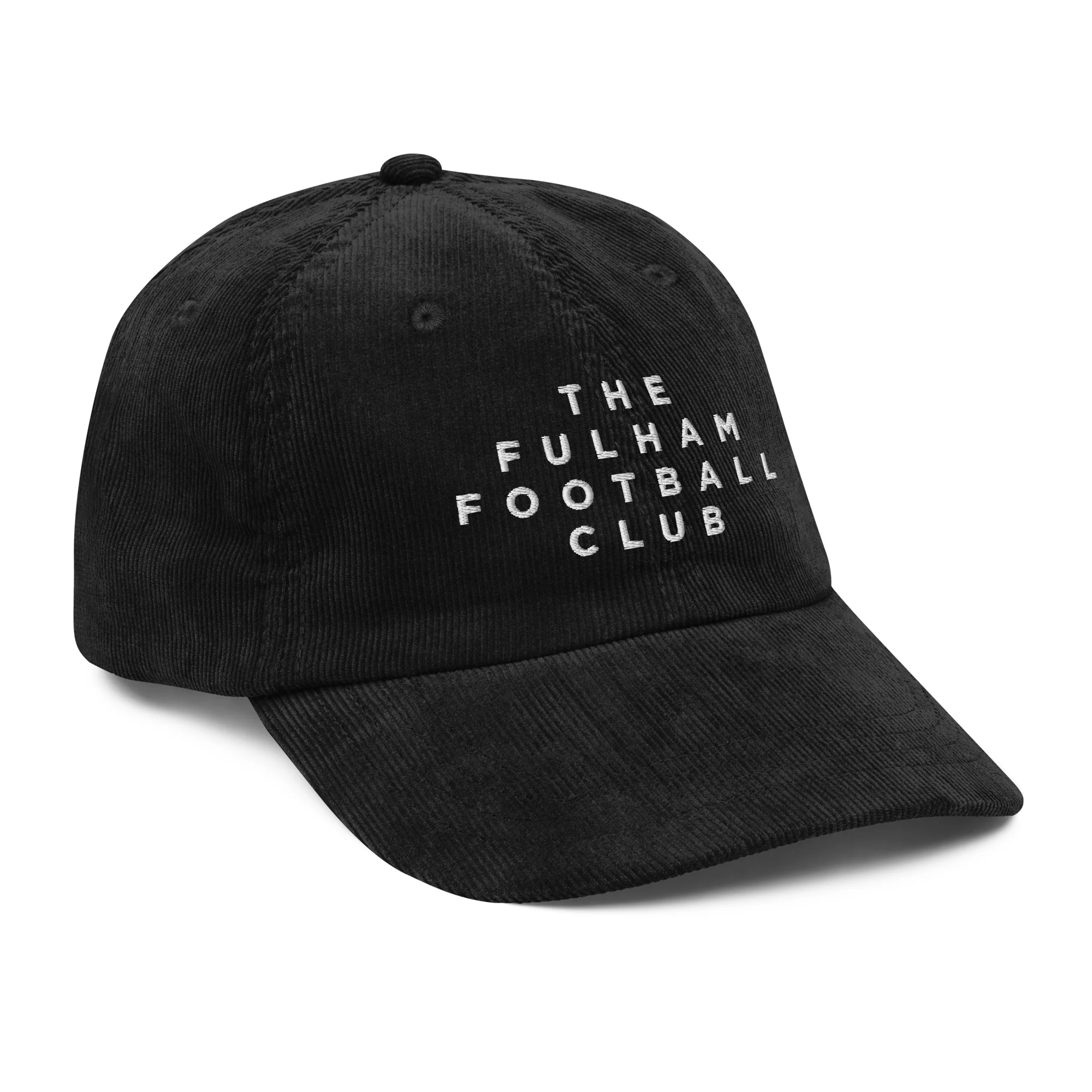 The Fulham Football Club Corduroy Cap, black corduroy dad cap with white embroidery, right side view. Fulham FC supporter cap by The Riverside Co.